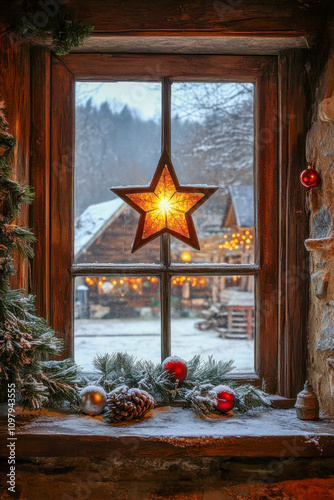 Festive star ornament hanging in rustic window overlooking snowy holiday cabin