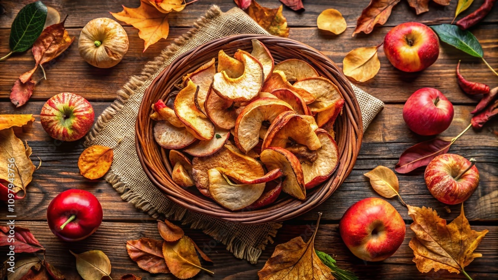 Panoramic View of Dried Apple Wedges on Rustic Wooden Table Surrounded by Natural Elements, Showcasing the Textures and Colors of Dehydrated Fruit for Culinary Use Panoramic View of Dried Apple Wedges on Rustic Wooden Table Surrounded by Natural Elements, Showcasing the Textures and Colors of Dehydrated Fruit for Culinary Use