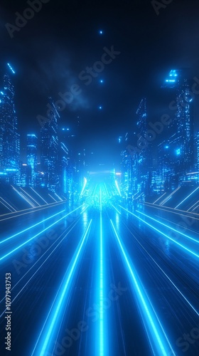 tron legacy, blue neon light ambience city, long wide road, wide perspective angle