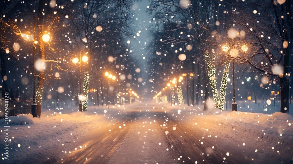 Winter wonderland with snowflakes falling and trees adorned in lights background for document Winter wonderland with snowflakes falling and trees adorned in lights background for document