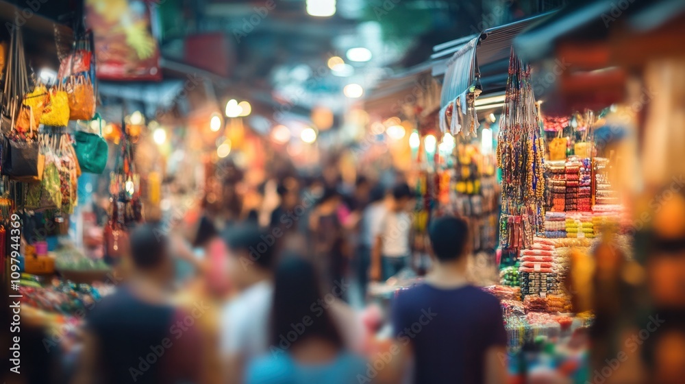 Fototapeta premium A soft-focus photograph depicting a crowded marketplace, where a blurred crowd of unrecognizable shoppers moves through stalls filled with goods.