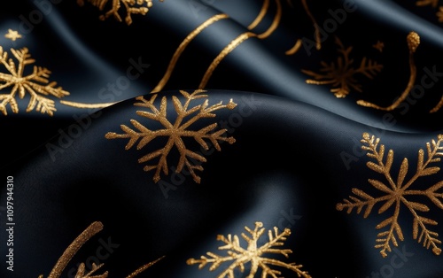 Elegant Black Fabric with Golden Snowflakes and Swirling Designs Perfect for Festive Winter Celebrations, Holiday Decor, and Seasonal Theme Events