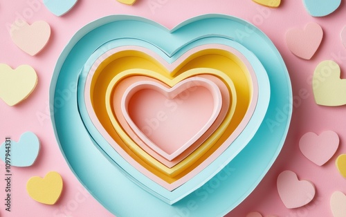 Colorful Paper Hearts in Nested Arrangement on Pink Background for Craft Projects, Celebrations, or Creative Decoration Ideas