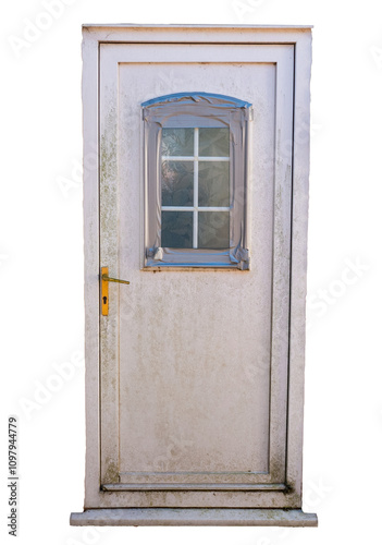 UPVC door from derelict house with dirt and moss and a window repaired with duct tape