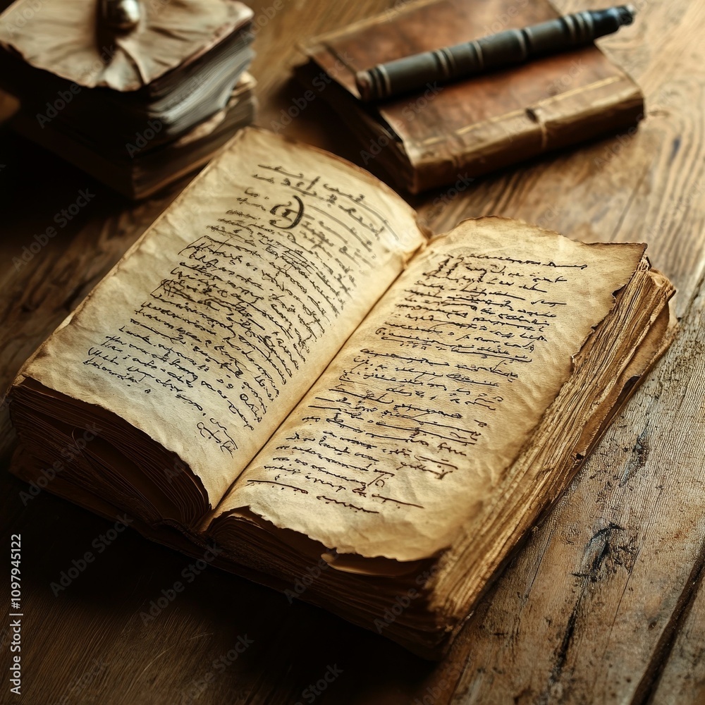 Obraz premium Ancient book, aged pages, handwritten script, wooden table.