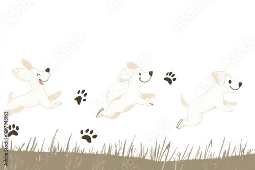 Two joyful dogs are happily running across a grassy area, leaving playful paw prints behind. Their expressions convey excitement and freedom. Generative AI photo