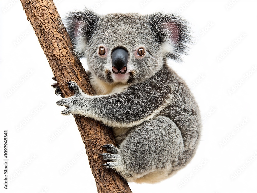 Fototapeta premium Overweight Koala Bear Clinging to Tree Trunk Cute Sleepy Eyes and Protruding Round Belly on White Background