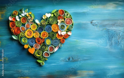 Colorful Paper Quilling Heart with Floral Elements on Turquoise Wooden Background, Showcasing Creativity and Artistic Expression