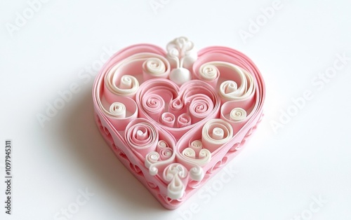 Heart Shaped Paper Quilling Craft Featuring Intricate Swirls and Curved Designs in Soft Pink and White Tones, Perfect for Creative Projects and Romantic Themes