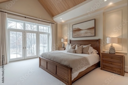 Modern scandi master bedroom with light white oak wallpaper ceiling chic natural and neutral tones w wooden bed organic accents generative ai