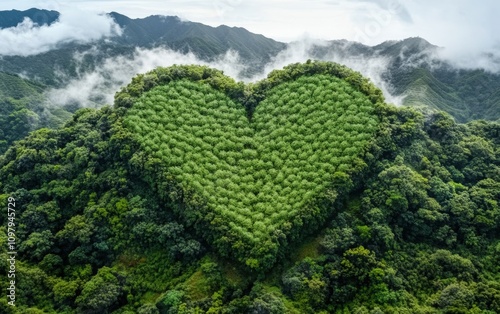 Lush Green Heart Shape Forest Amidst Majestic Mountains and Misty Clouds Showcases Nature's Beauty and Love for the Environment in an Aerial View