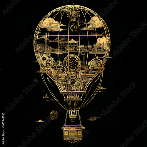 Steampunk hot air balloon adventure mechanical landscape digital art fantasy environment aerial view creative concept exploration photo