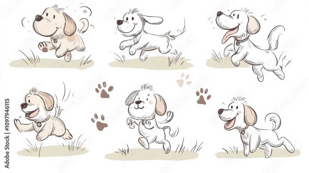 Fototapeta premium Whimsical doodles capture the joy of dogs running freely in a grassy area, displaying their playful nature and energy. Generative AI
