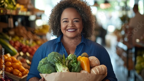 Create a photo-realtisc mid age Black Brazilian woman, wearing blue shirt at a modern grocey store, AI Generative photo