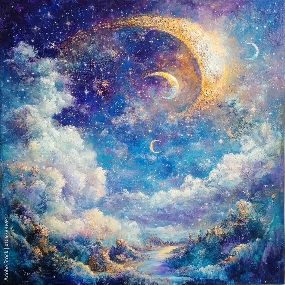 Fototapeta premium Celestial landscape: moons, stars, clouds, mountains.