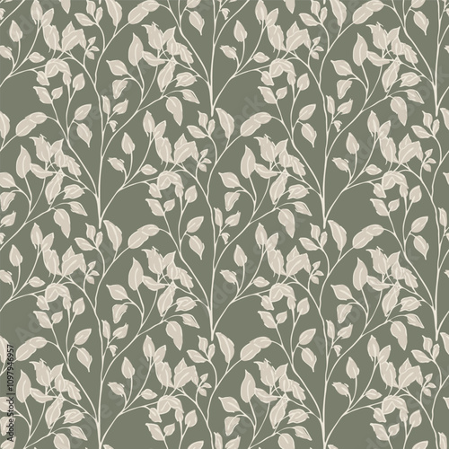 Sprig and leaf texture,mid-century modern seamless vector pattern background. Elegant hand-drawn paint brush style overlapping foliage backdrop. Dense painterly botanical leaf repeat for print, web