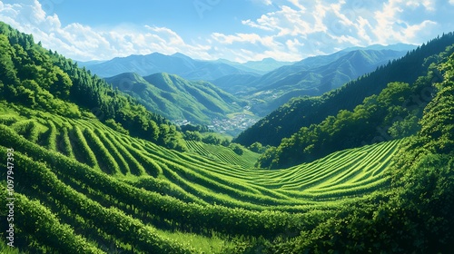 Lush green tea terraces nestled in a vibrant mountainous landscape.