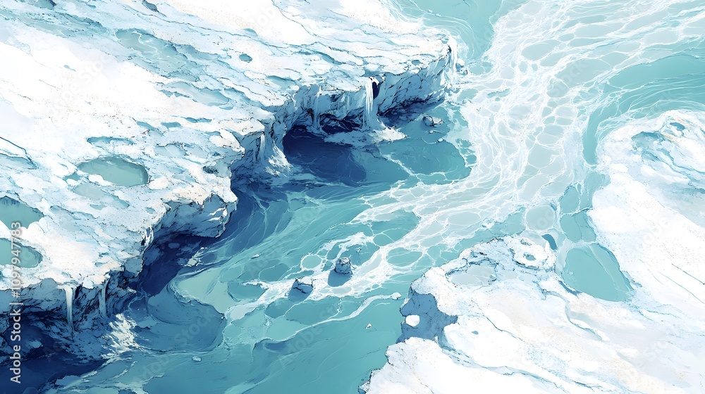 Obraz premium Aerial view of icy blue waters with textured ice formations and flowing currents.