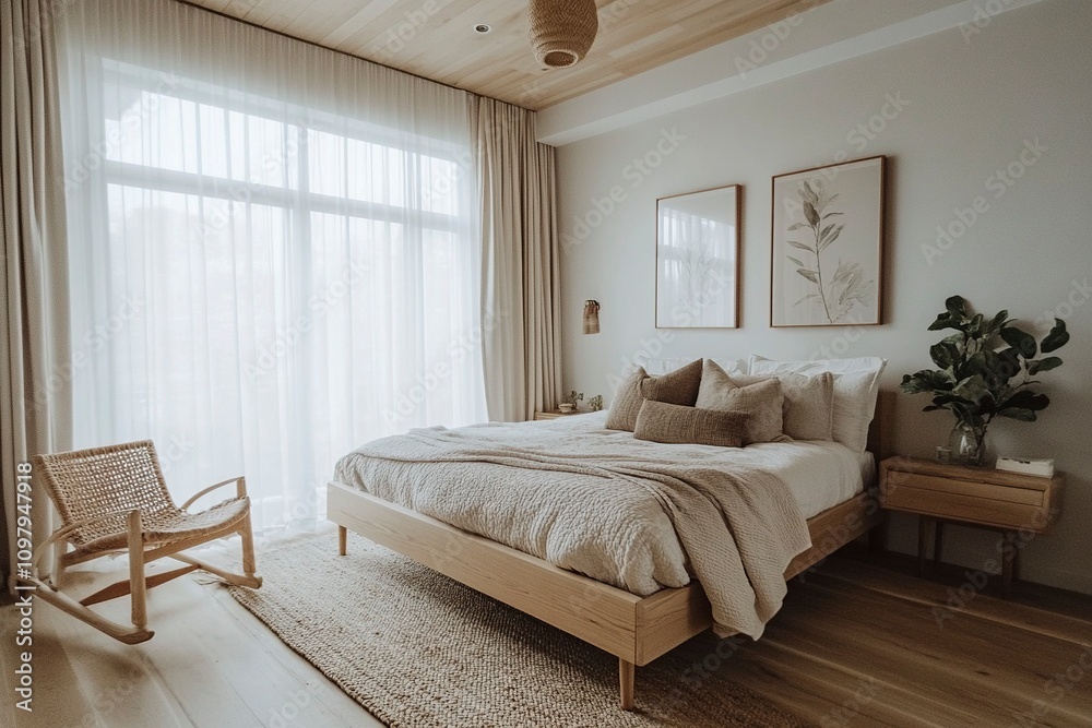 Fototapeta premium Modern scandi master bedroom with light white oak wallpaper ceiling chic natural and neutral tones w wooden bed organic accents generative ai