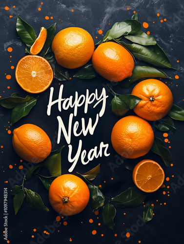 dark background with tangerines. New Year. photo. postcard