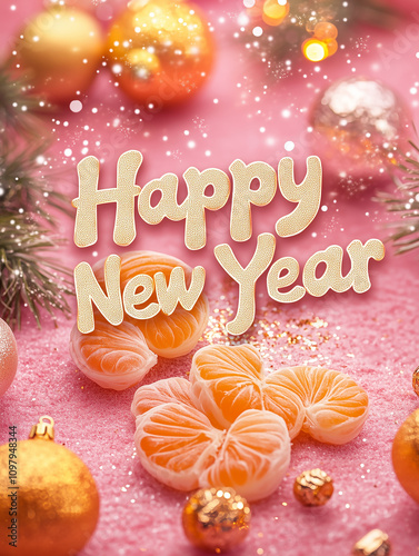 Delicate pink Happy New Year background with tangerines. illustration