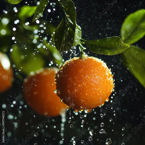 tangerine in drops of water. photo