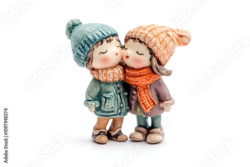 The Miniature doll of couple boy and girl kiss isolate on White background 