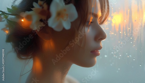 Close-up portrait of a woman with flowers in her hair and warm glowing lights, set against a foggy window with water droplets

 photo