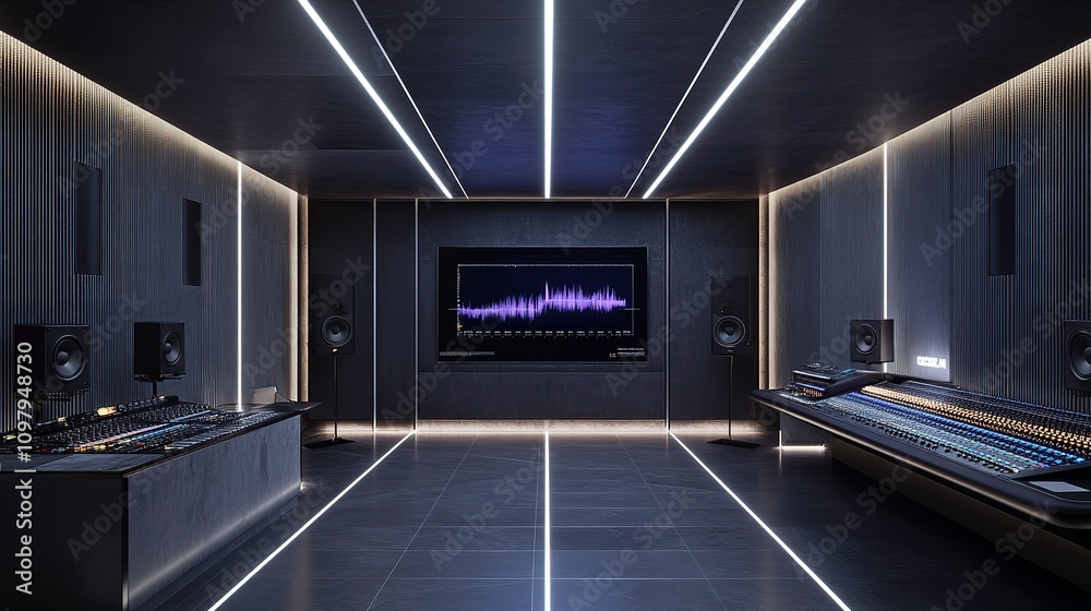 Obraz premium Modern dark music studio with mixing consoles, speakers, and large screen displaying audio waveform.