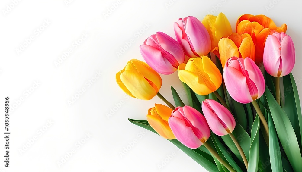 Obraz premium A vibrant bouquet of pink, yellow, and orange tulips with green leaves against a clean white background, including copyspace