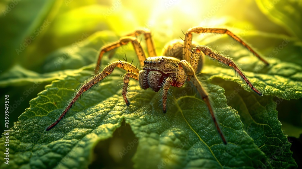 Close-up of a spider on a green leaf in sunlight. (1) Close-up of a spider on a green leaf in sunlight. (1)
