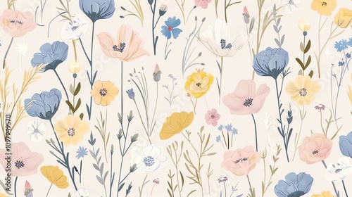 A floral pattern with blue, yellow, pink, and white flowers on a cream background.