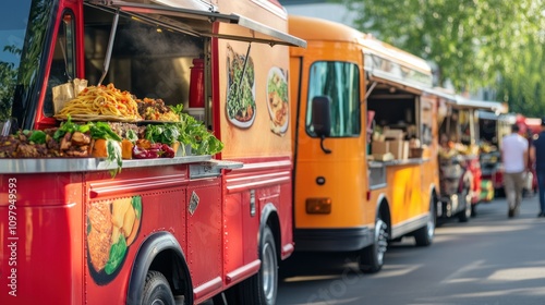 Food trucks lined up at a street food festival.
