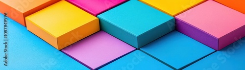 Multi-colored boxes aligned at sharp angles, creating an optical illusion effect, bold and vibrant photo