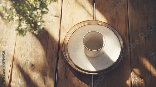 Ceramic cup and plates on a wooden table top view

 photo