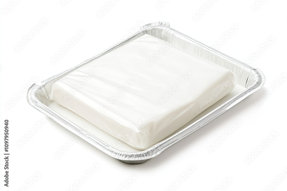 Shrink wrap packaging over a foam tray isolated on a white background Shrink wrap packaging over a foam tray isolated on a white background