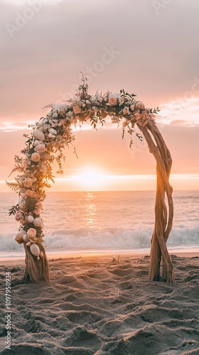 Romantic Beach Wedding Ceremony Arch with Floral Decor and Sunset