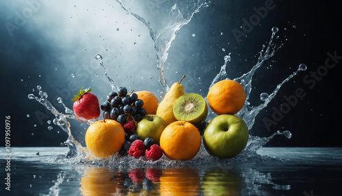 Various fruits, thrown up, water explosion