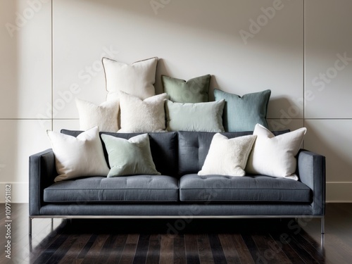 Modern Living Room Couch with Throw Pillows. photo