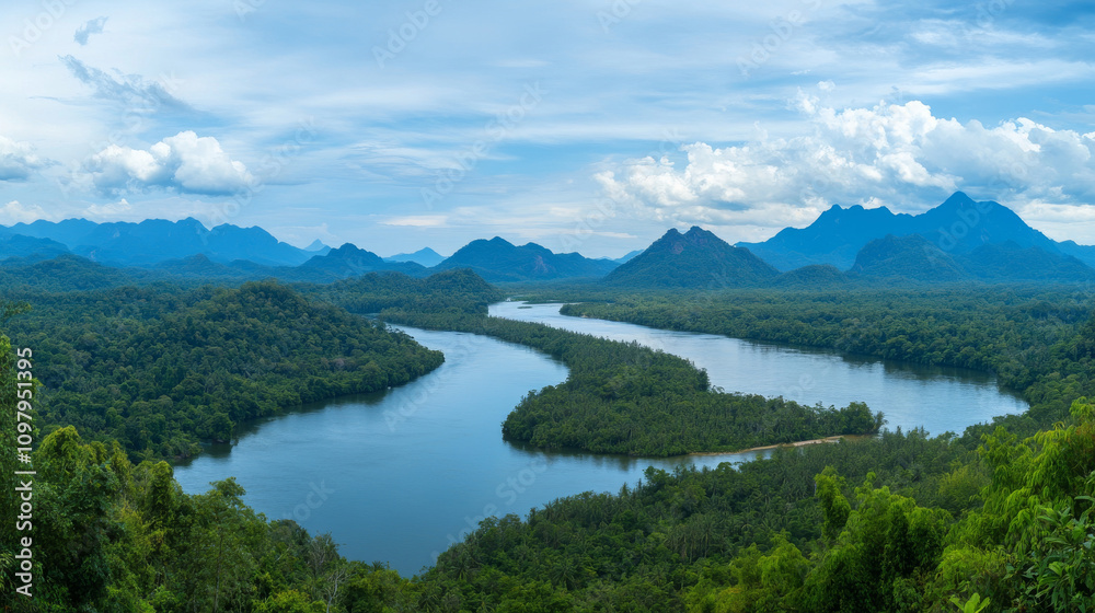 Fototapeta premium Winding river through lush Thai rainforest under cloudy sky.