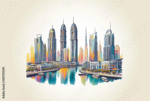 Colorful drawing of Modern cityscape buildings of United Arab Emirates.