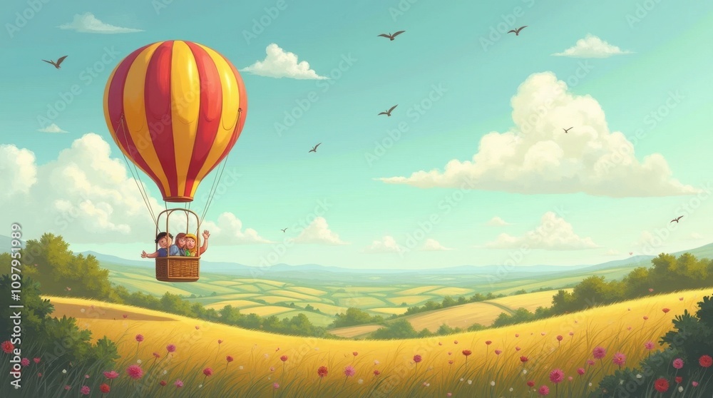 Obraz premium Colorful Hot Air Balloon Soaring Over a Patchwork Landscape