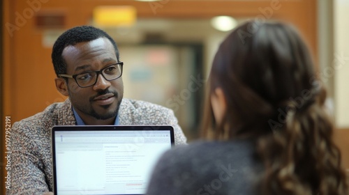 College registrar talking to a mixed race international student about courses. Shows back of a mixed international student's head and Registrar's face, AI Generative photo