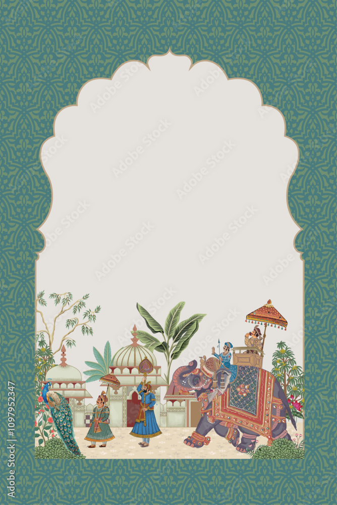 custom made wallpaper toronto digitalTraditional Mughal Royal Procession with elephant, garden arch, palace and peacock illustration frame for Invitation
