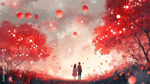 Red fireworks light up a cityscape where two people observe, perfect for New Years or celebration themed design projects