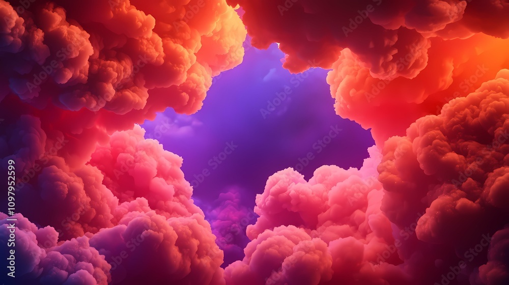Fototapeta premium The image contains a vibrant, abstract depiction of clouds, predominantly in shades of red, orange, and purple, creating a dramatic and dreamy atmosphere. The clouds appear soft and fluffy, with a l