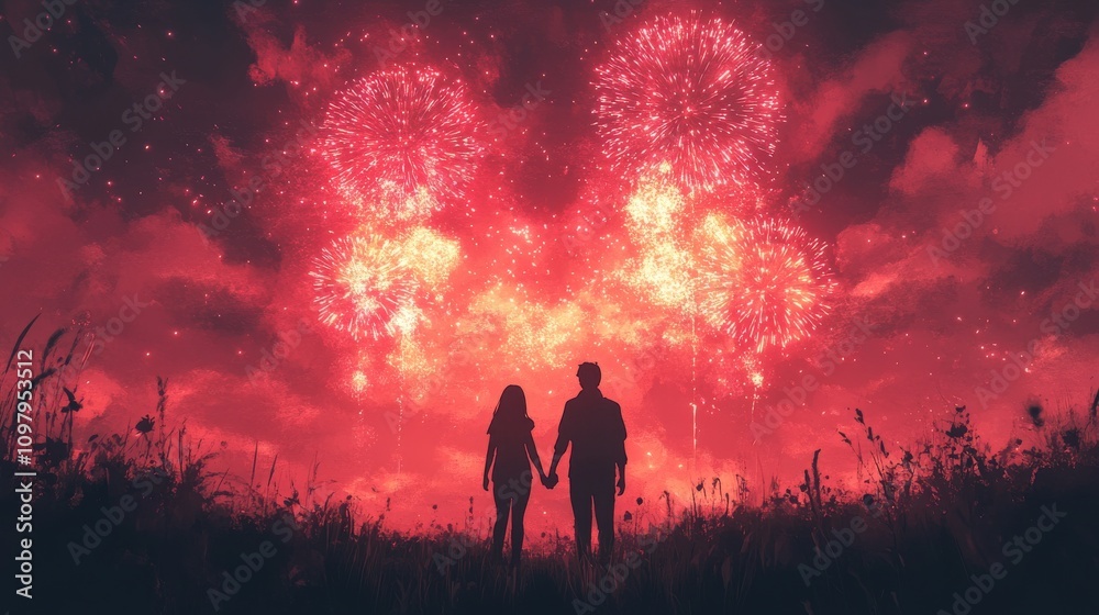 Fototapeta premium Red fireworks light up a cityscape where two people observe, perfect for New Years or celebration themed design projects