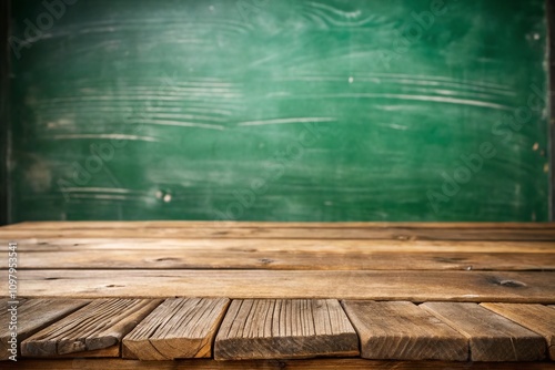 Rustic Wooden Table Top with Blurred Green Chalkboard Background Featuring Intricate White Chalk Drawings for Educational and Creative Themed Imagery photo