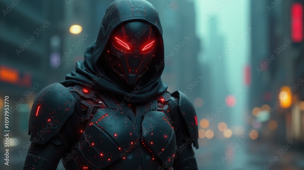 Cyborg Assassin Infiltrating Futuristic Setting Cyborg Assassin Infiltrating Futuristic Setting