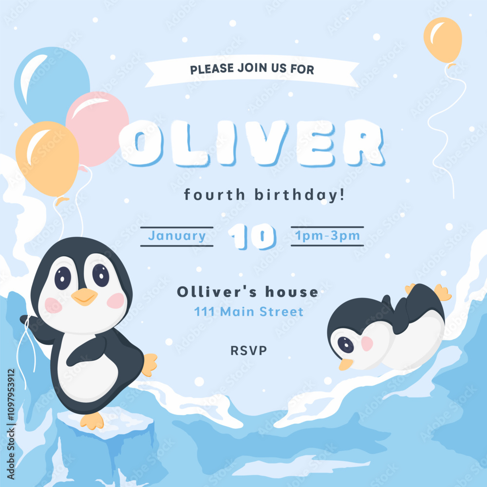 Obraz premium Birthday invitation card with cheerful penguins and balloons. Childrens birthday invitation template. Vector illustration on colored background.